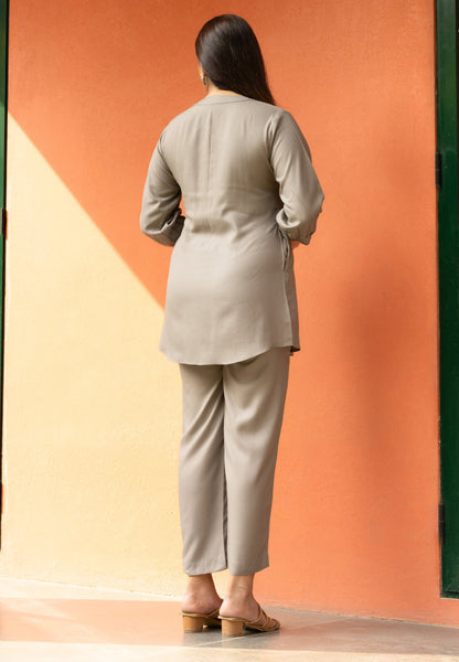 Women's Light Mocha Pleated Flared Solid Coord Set