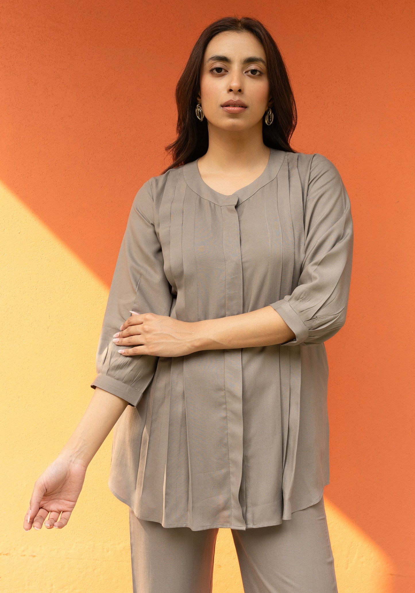 Women's Light Mocha Pleated Flared Solid Shirt