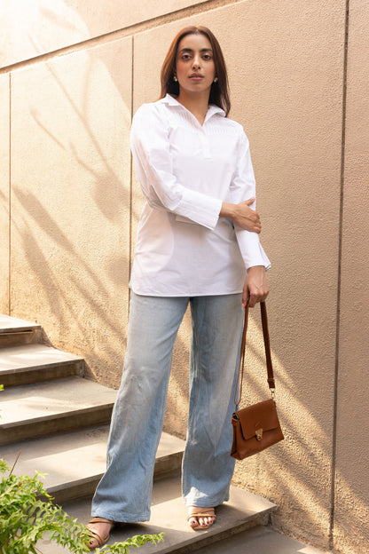 Women's White Cotton Pleated Collar Neck Top with Stylised Sleeve