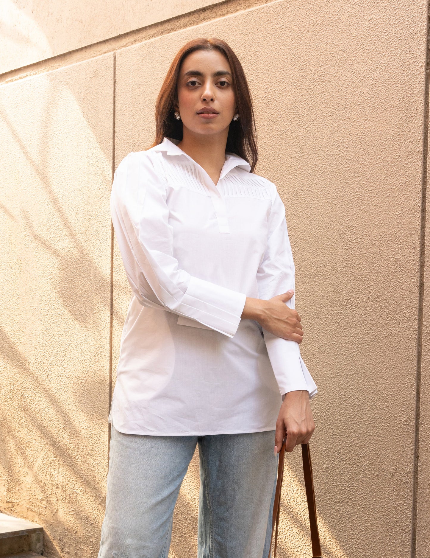 Women's White Cotton Pleated Collar Neck Top with Stylised Sleeve