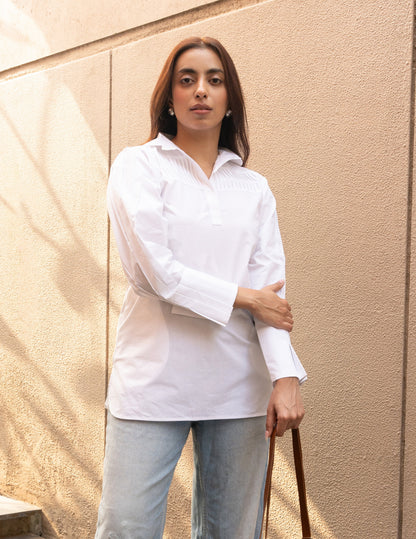 Women's White Cotton Pleated Collar Neck Top with Stylised Sleeve