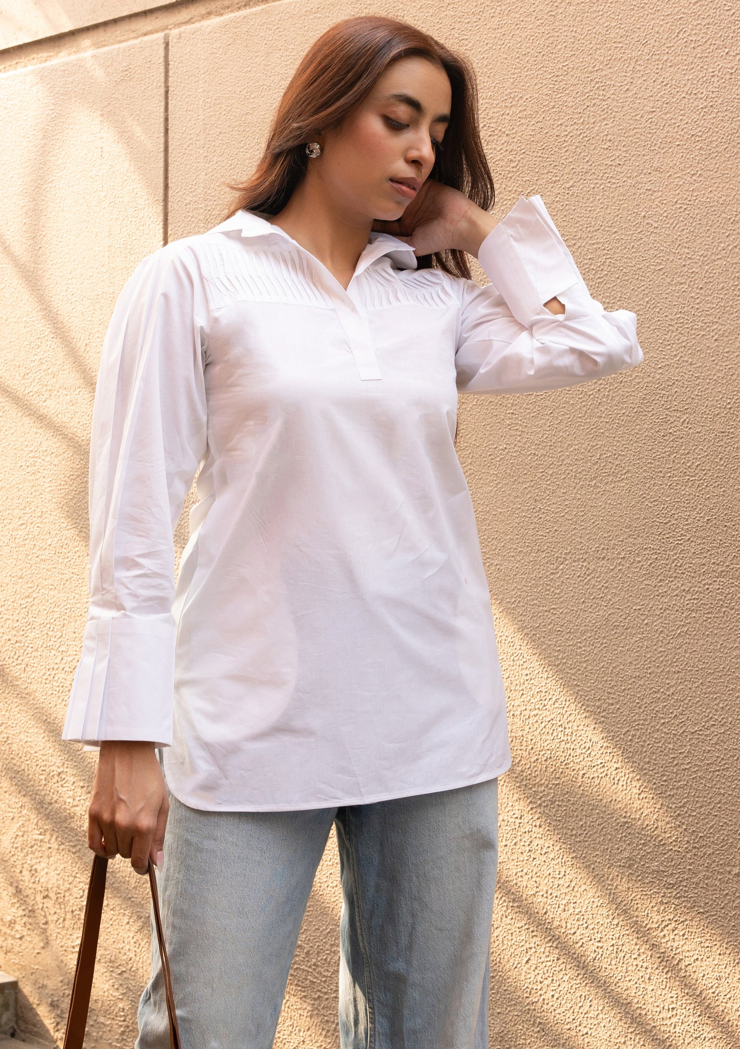 Women's White Cotton Pleated Collar Neck Top with Stylised Sleeve