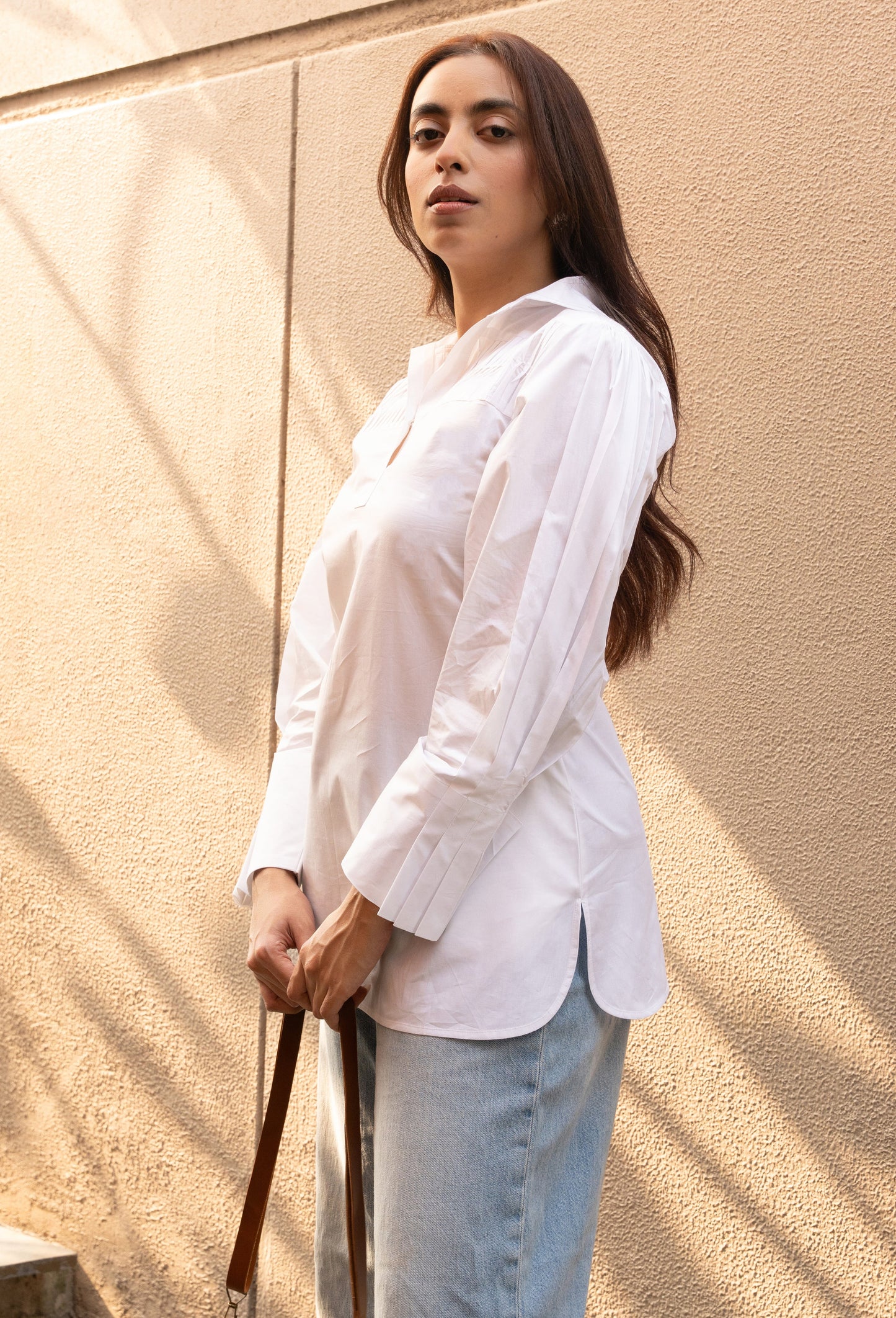 Women's White Cotton Pleated Collar Neck Top with Stylised Sleeve