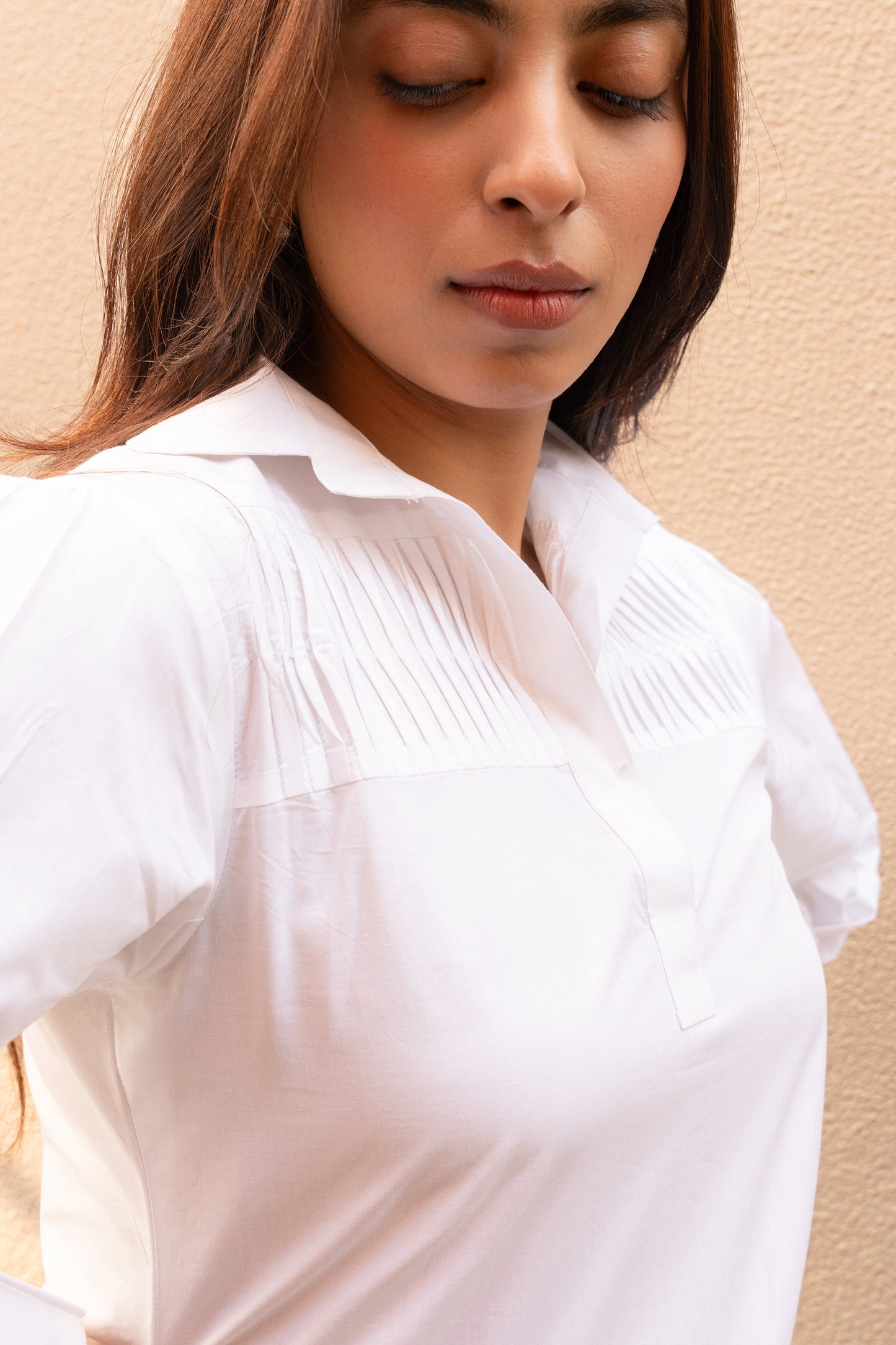 Women's White Cotton Pleated Collar Neck Top with Stylised Sleeve