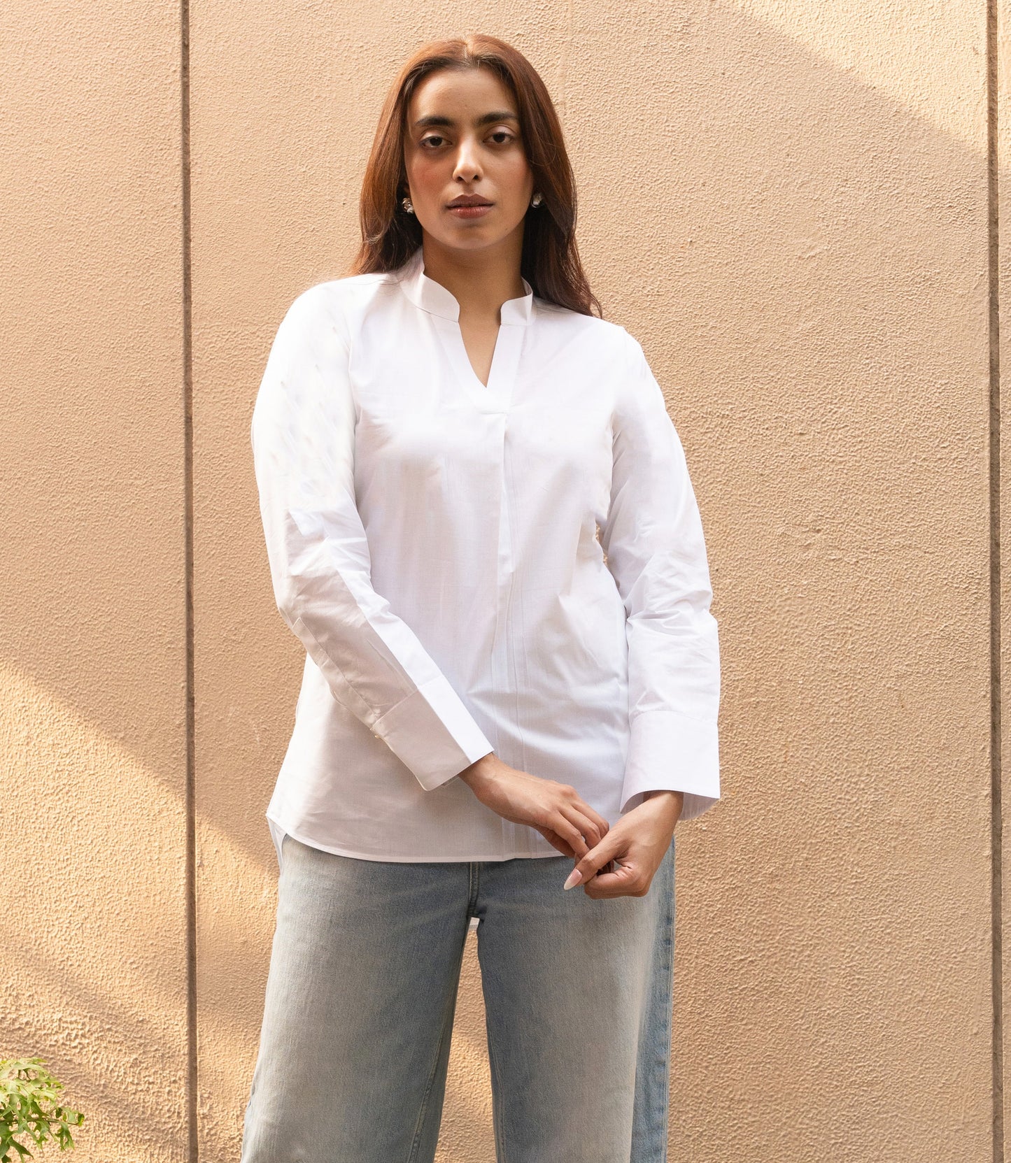 Women's White Cotton Mandarin Neck Top