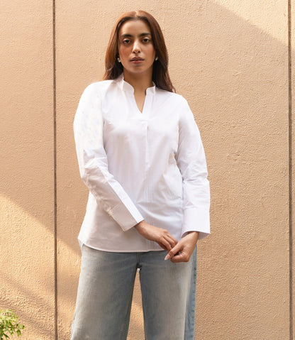 Women's White Cotton Mandarin Neck Top