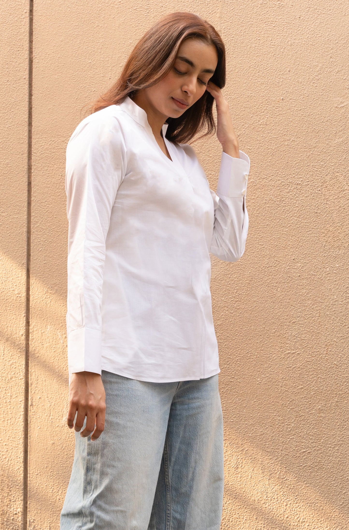 Women's White Cotton Mandarin Neck Top