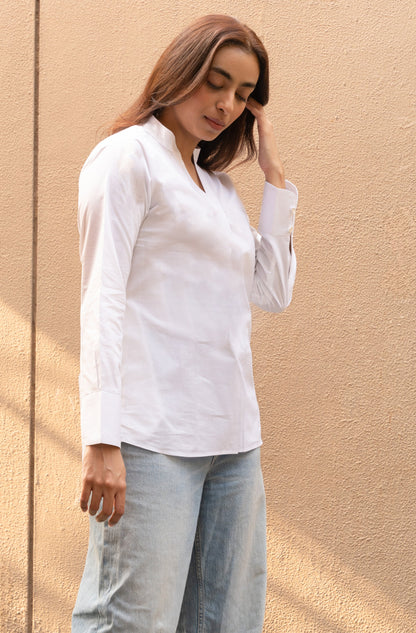 Women's White Cotton Mandarin Neck Top