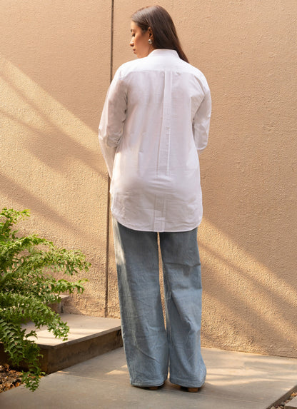Women's White Cotton Mandarin Neck Top
