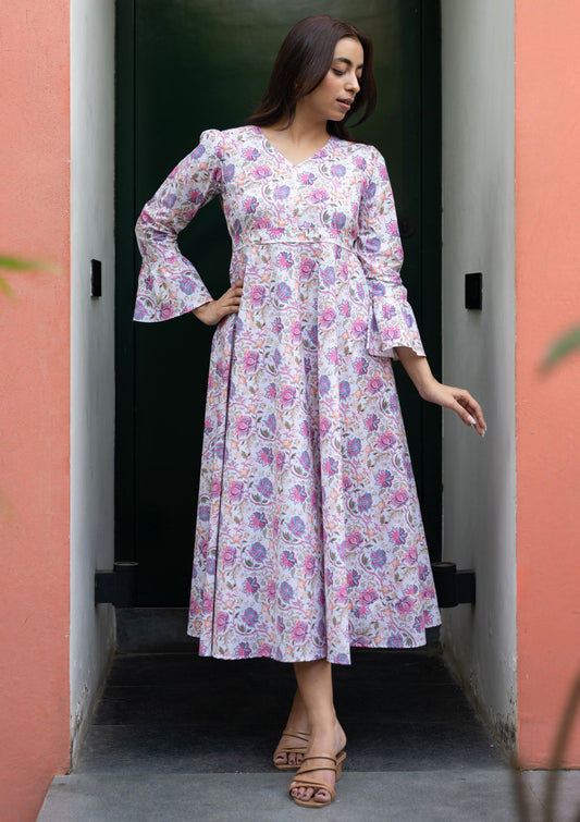 Women's White Floral Printed Cotton Dress