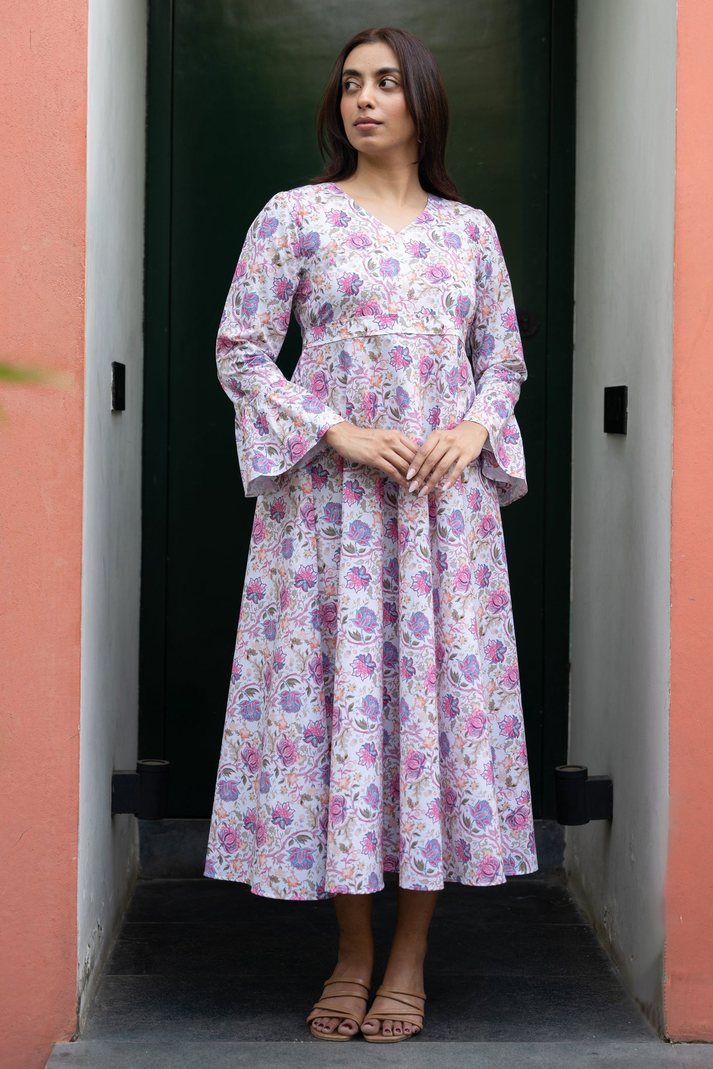 Women's White Floral Printed Cotton Dress