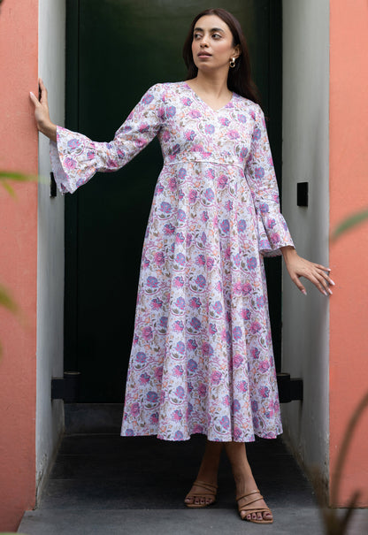 Women's White Floral Printed Cotton Dress