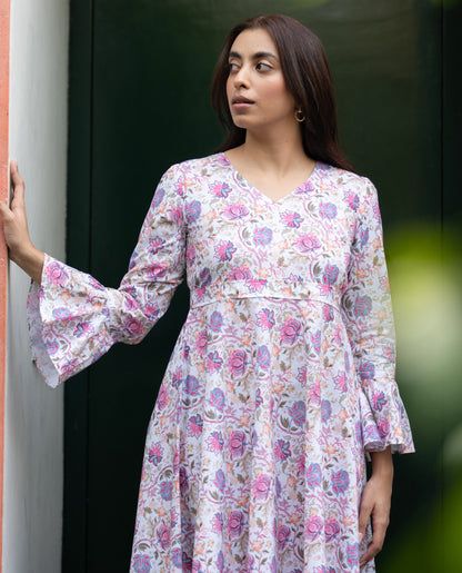 Women's White Floral Printed Cotton Dress