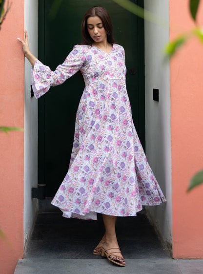 Women's White Floral Printed Cotton Dress