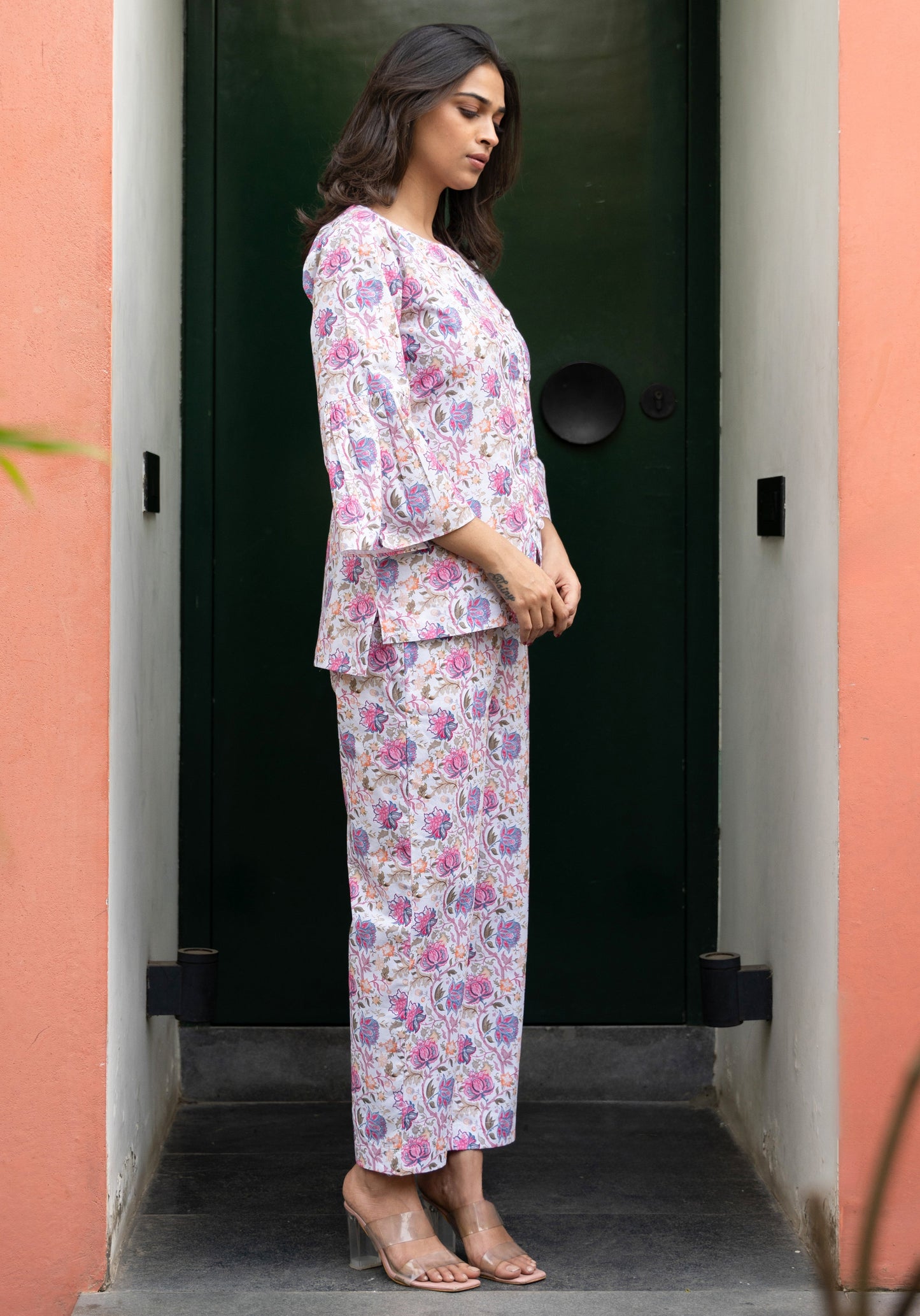 Women's White Floral Cross Pattern Cotton Floral Co-ord Set