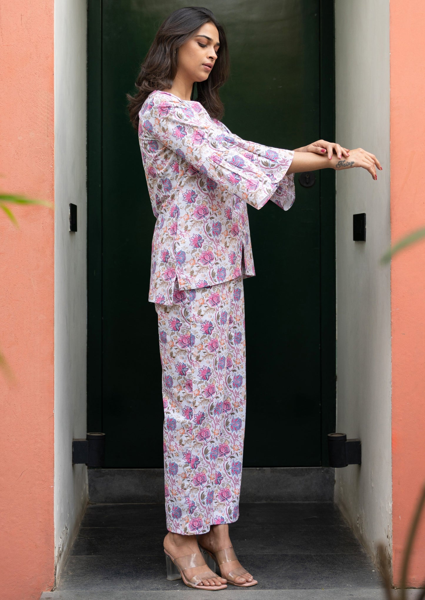 Women's White Floral Cross Pattern Cotton Floral Co-ord Set