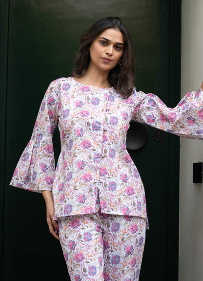 Women's White Cross Pattern Cotton Floral Cotton Top