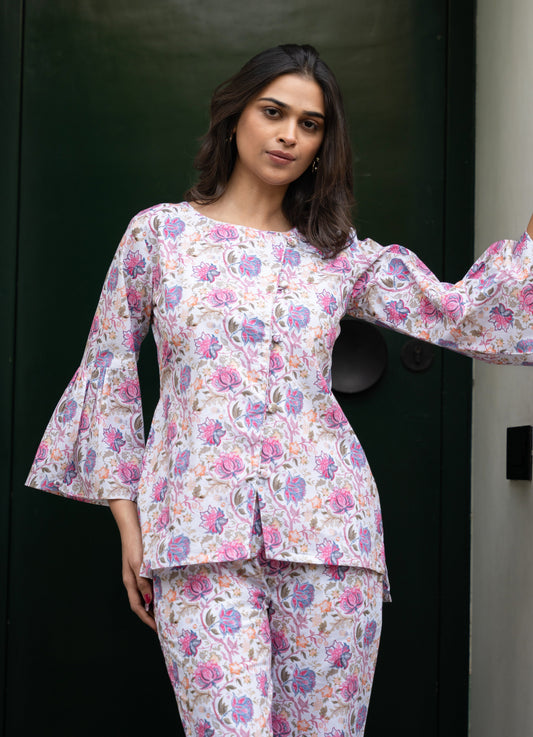 Women's White Cross Pattern Cotton Floral Cotton Top