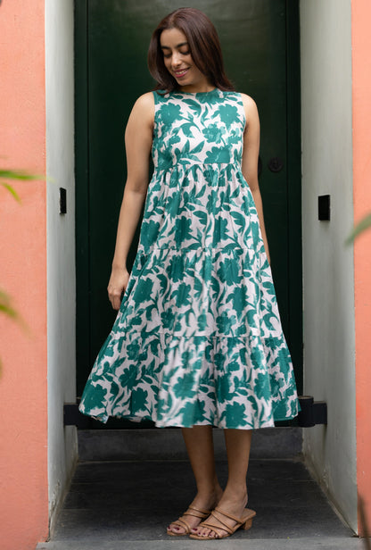 Women's Green Halter Neck Cotton Abstract Floral Dress