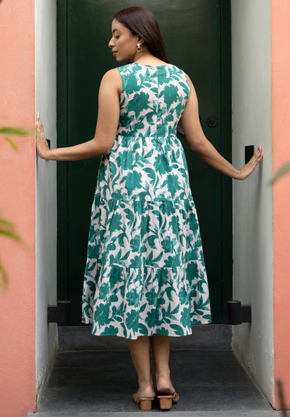 Women's Green Halter Neck Cotton Abstract Floral Dress