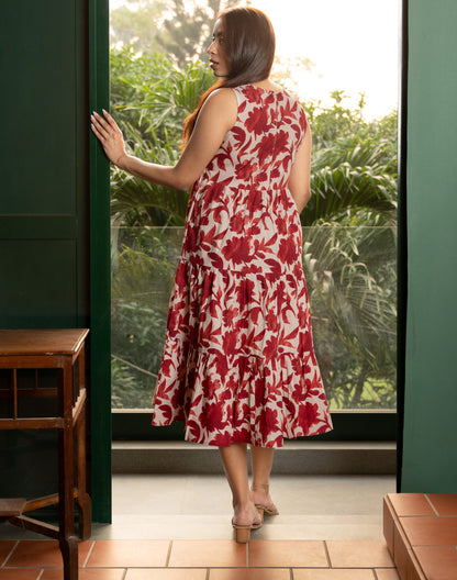 Women's Maroon Halter Neck Cotton Abstract Floral Dress