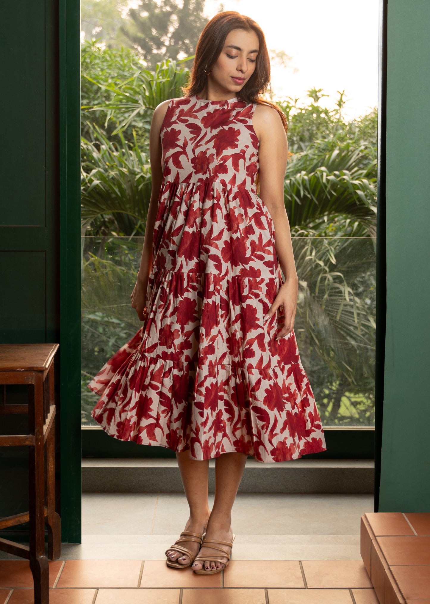 Women's Maroon Halter Neck Cotton Abstract Floral Dress