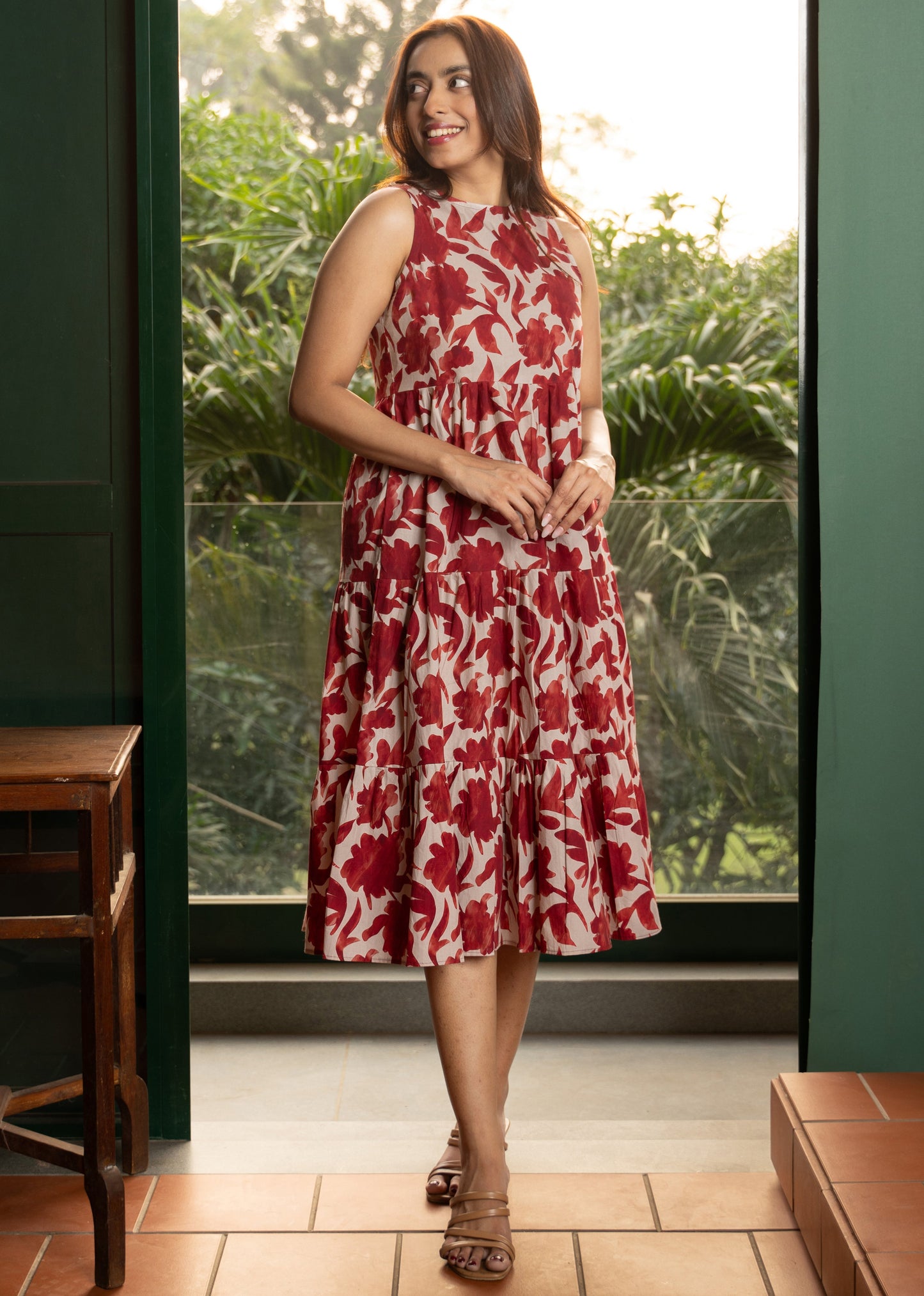 Women's Maroon Halter Neck Cotton Abstract Floral Dress