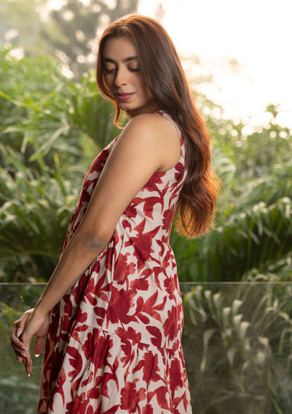 Women's Maroon Halter Neck Cotton Abstract Floral Dress