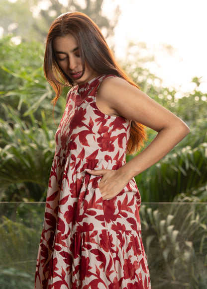 Women's Maroon Halter Neck Cotton Abstract Floral Dress