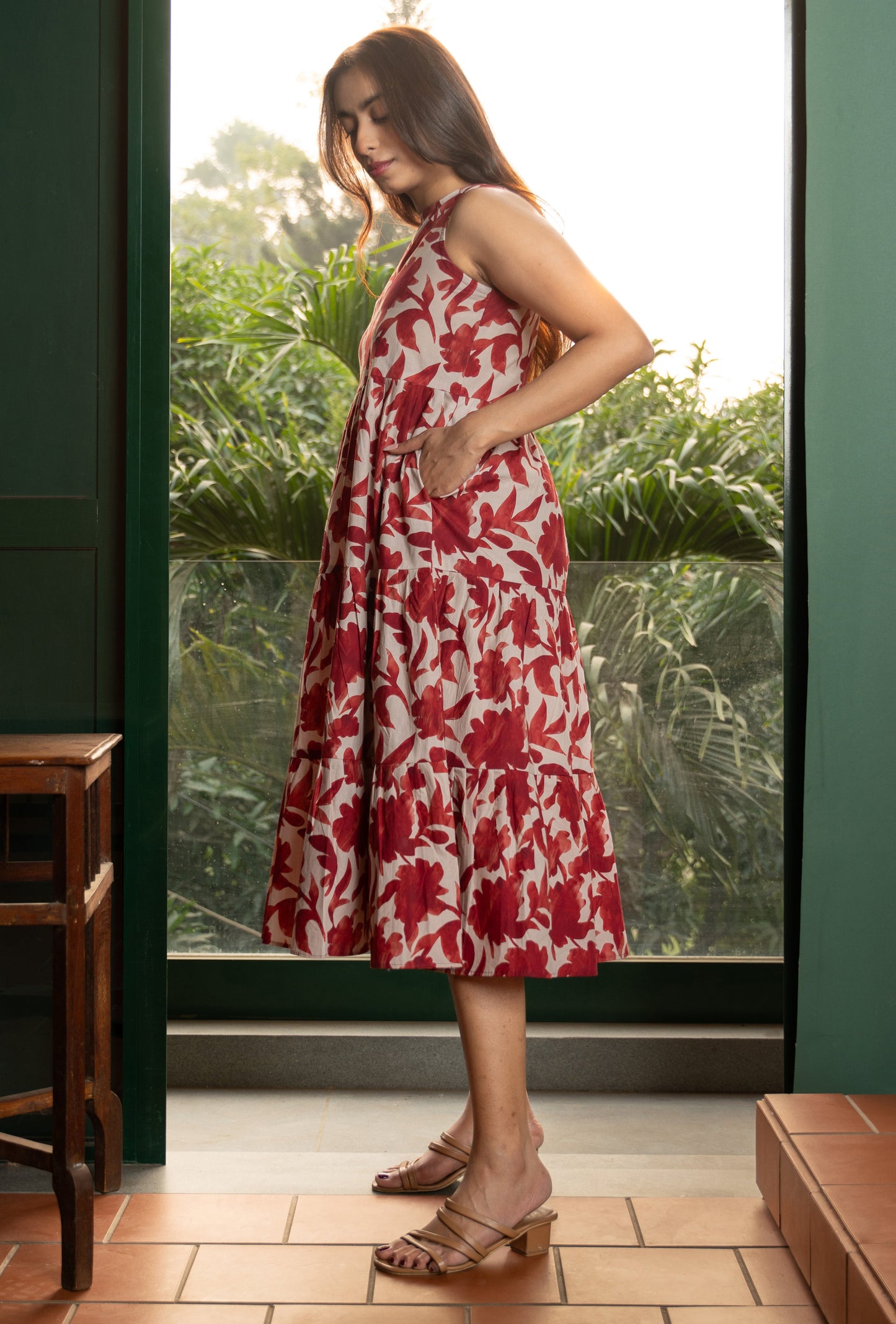 Women's Maroon Halter Neck Cotton Abstract Floral Dress