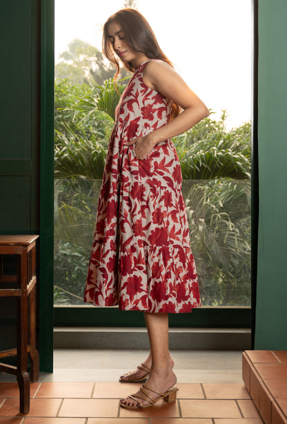 Women's Maroon Halter Neck Cotton Abstract Floral Dress