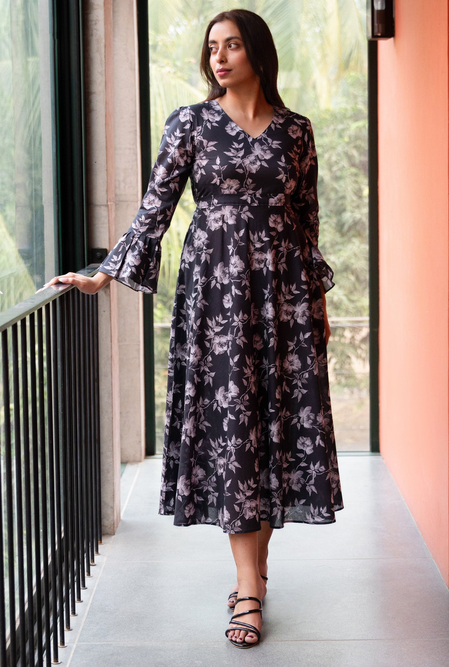 Women's Slate Black Floral Printed Cotton Dress
