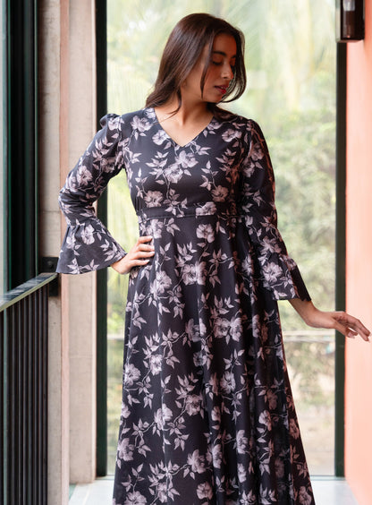 Women's Slate Black Floral Printed Cotton Dress
