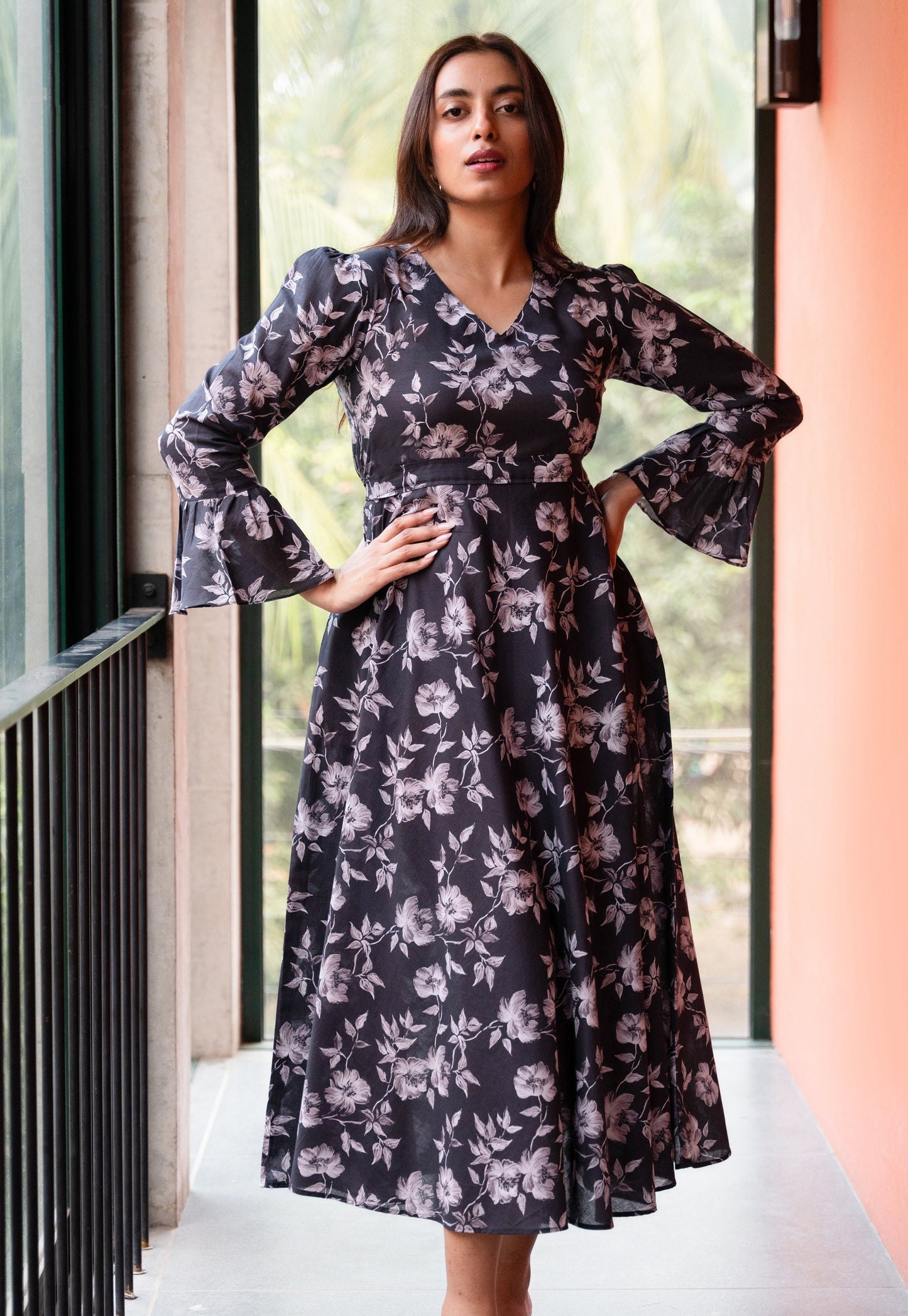 Women's Slate Black Floral Printed Cotton Dress