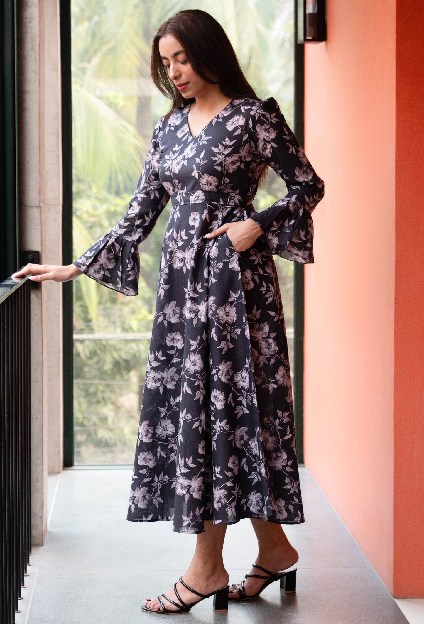 Women's Slate Black Floral Printed Cotton Dress