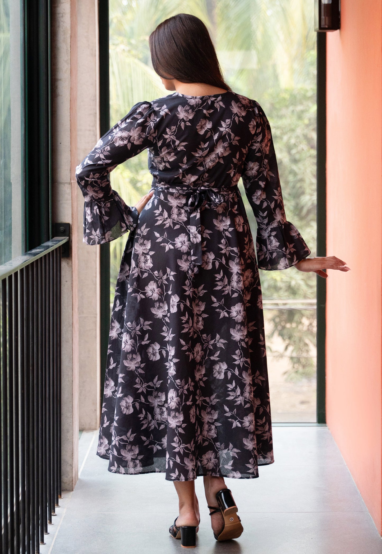 Women's Slate Black Floral Printed Cotton Dress