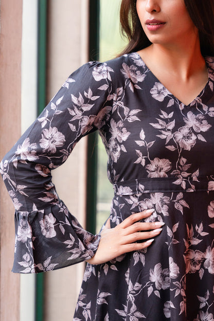 Women's Slate Black Floral Printed Cotton Dress