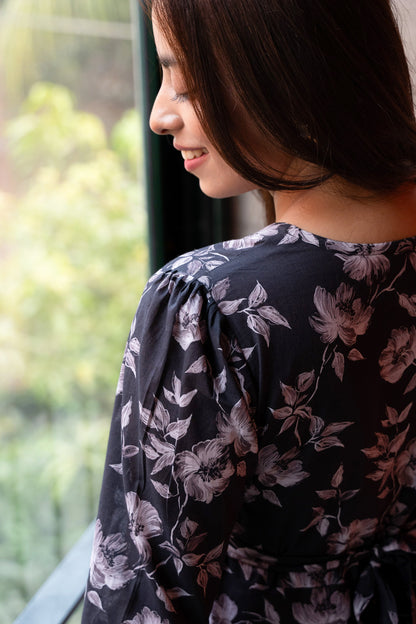 Women's Slate Black Floral Printed Cotton Dress