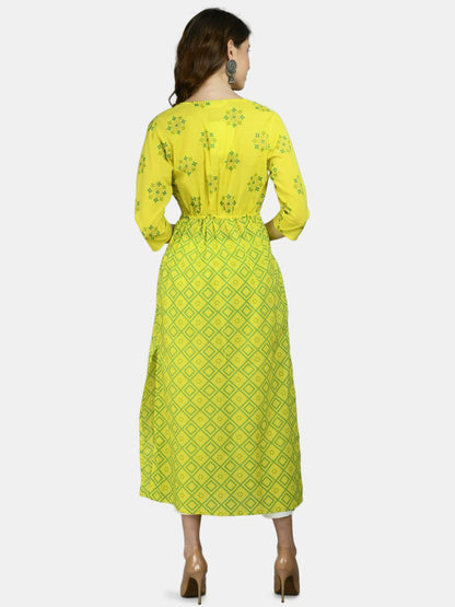 Women's Yellow Cotton Printed 3/4 Sleeve Round Neck Casual Kurta Pant Set
