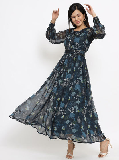 Women's Flared Printed Dress With Tie-up Blet