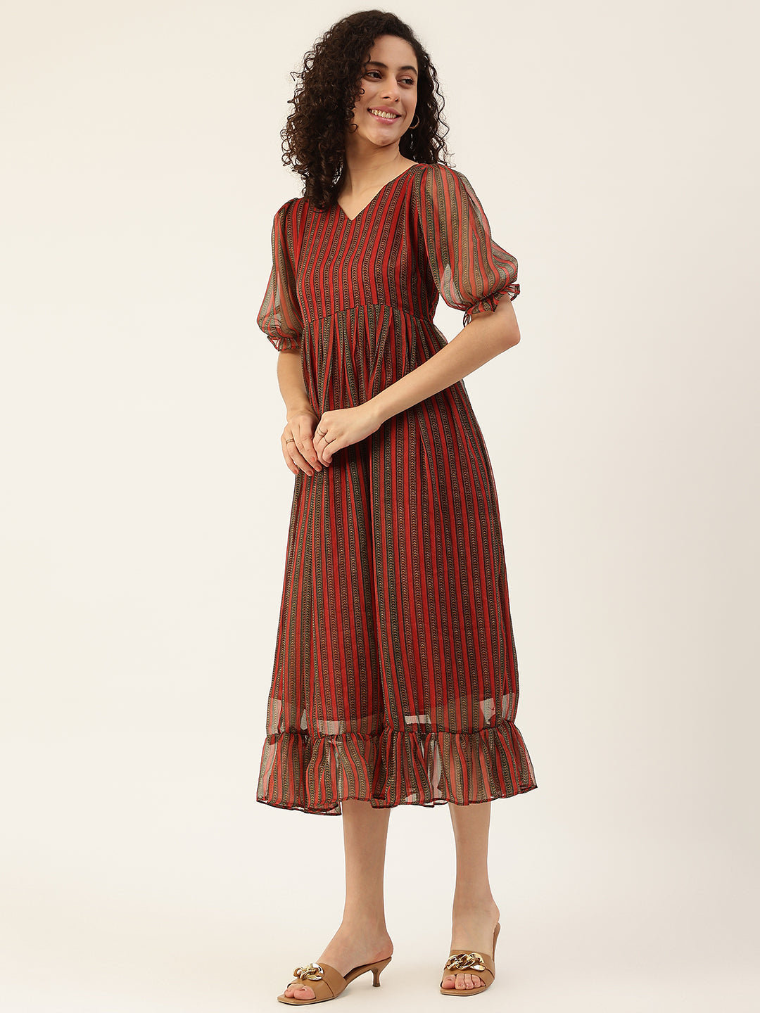 Women's Maroon Color Chiffon Flared Printed A-Line Striped Dress