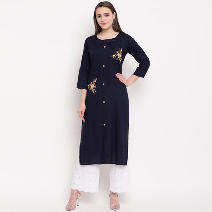 Women's Embroidered/Solid Straight Rayon Blue Kurta (1Pc)
