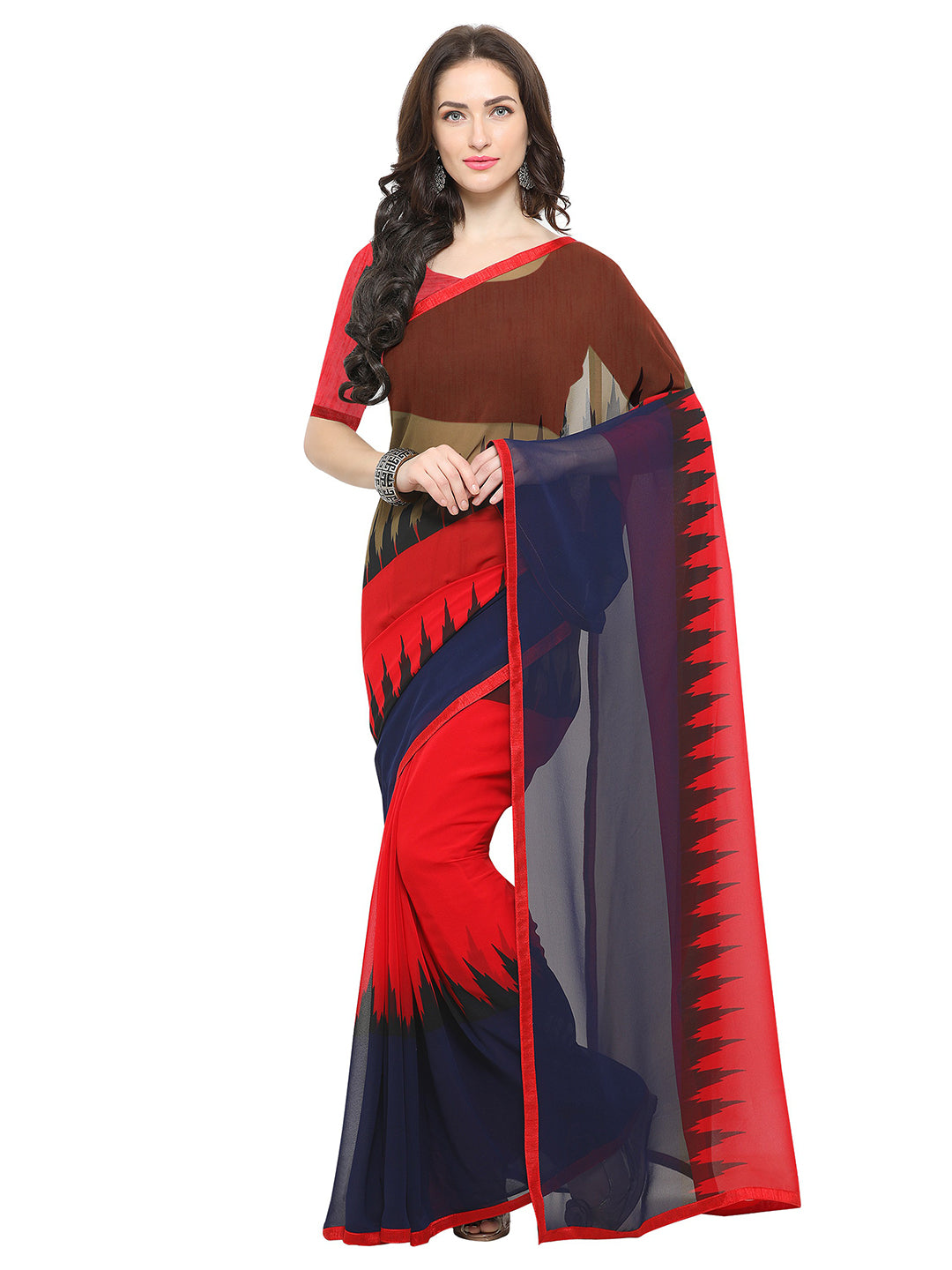 Women's Red Georgette Geometric Print Saree