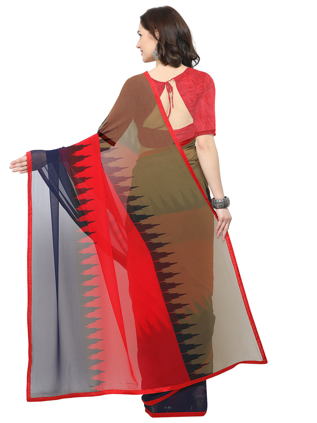 Women's Red Georgette Geometric Print Saree