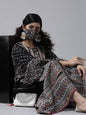 Women's Black Cambric Floral Print High-Low Kurta Palazzo Set With Mask