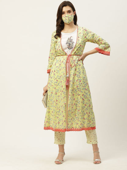 Women's Kurta Pant Set with Printed Jacket