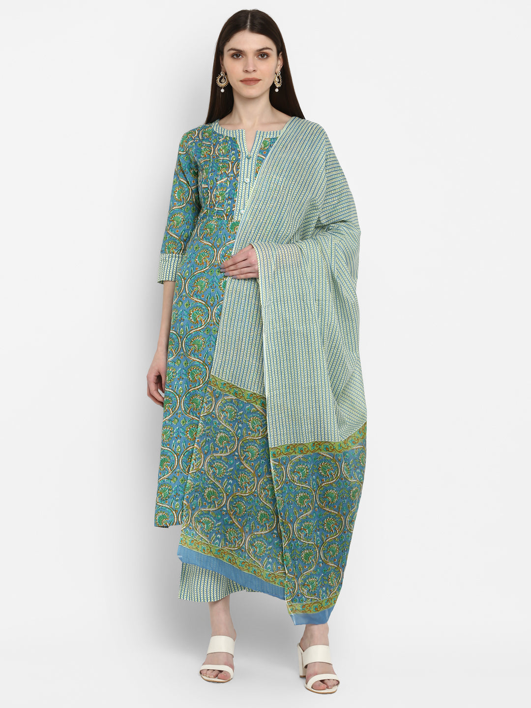 Women's Sky Blue Cotton Kurta With Palazzo & Dupatta By Vbuyz (3