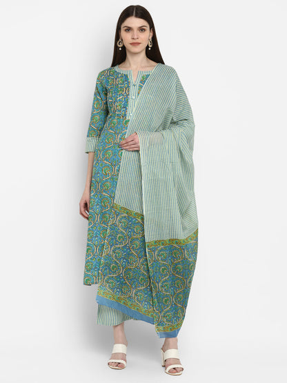 Women's Sky Blue Cotton Kurta With Palazzo & Dupatta By Vbuyz (3