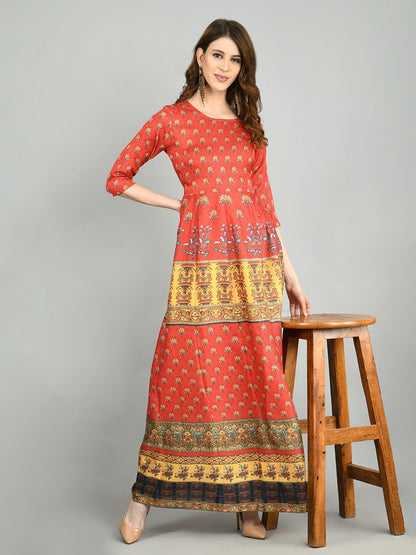 Women Red Cotton Printed Dress by Myshka (