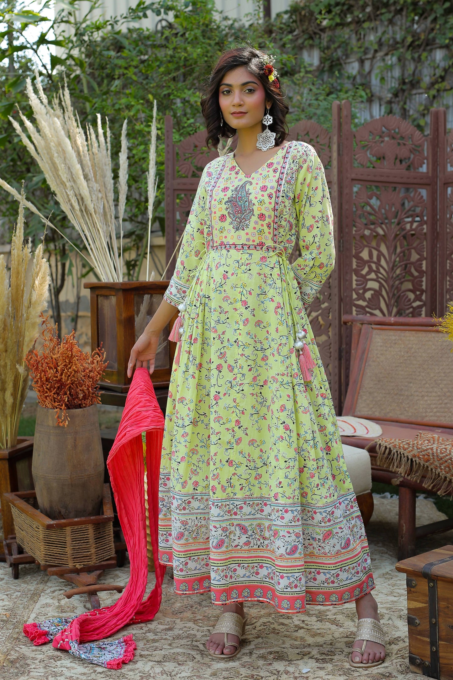 Buy_Women's_Limegreen_Cambric_Floral_Print_Anarkali_Dress_&_Dupatta_Set_With_Rubber-Band_Online_Trendia